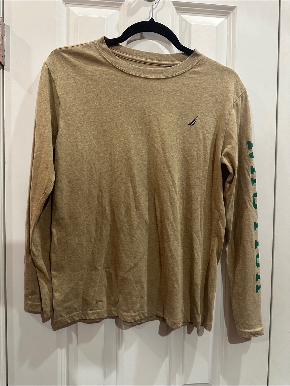 NWOT Kids Nautica Tan Long Sleeve Shirt with Green Sleeve Lettering size 14/16